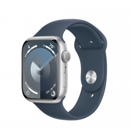 Apple Watch 9 45mm Silver • Storm Blue Sport Band • S M