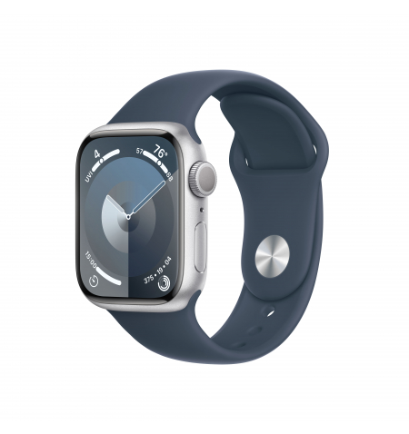 Apple Watch 9 41mm Silver • Storm Blue Sport Band • S M